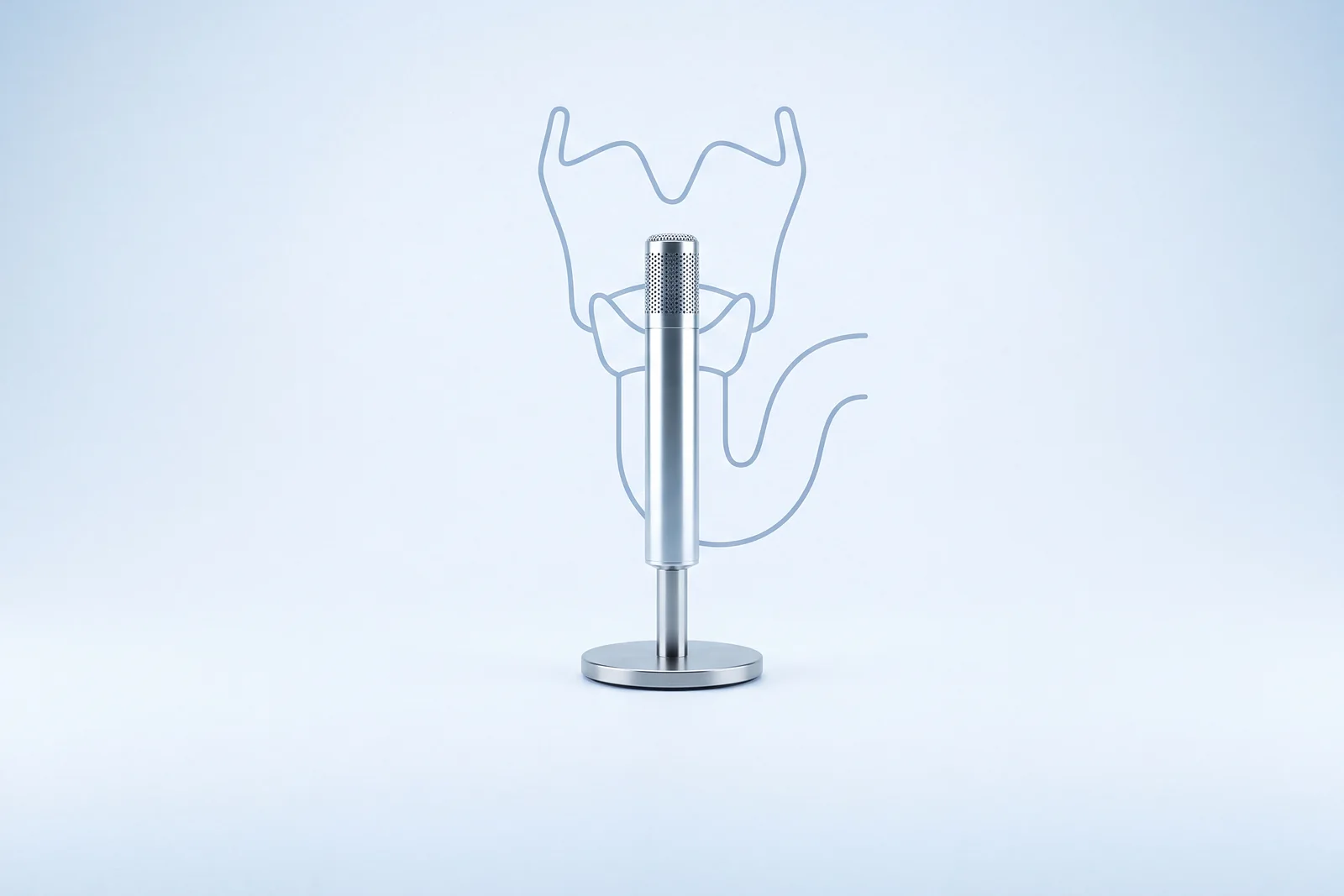 A microphone on a stand, with a line-drawn larynx and throat behind it